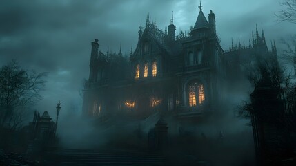 A dark mansion with glowing windows elaborate Halloween decorations and gothic architecture surrounded by a misty atmosphere