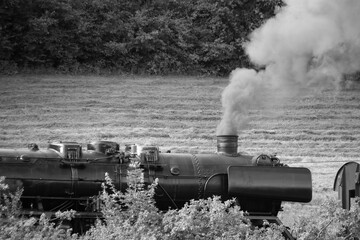 Spitze einer Dampflokomotive bei der Rauch ausstritt