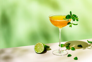 Summer alcoholic cocktail drink with rum, lime juice, dry sparkling wine, syrup, bitter, mint and ice, green background, hard light