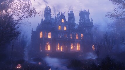 A gothic mansion with intricate architecture glowing windows and elaborate Halloween decorations surrounded by a thick mist