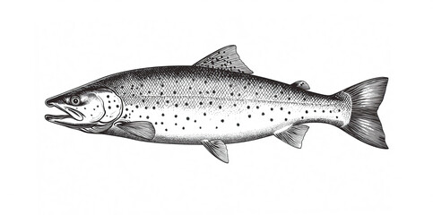 Obraz premium Fish sketch salmon trout. Vintage retro print, black white salmon trout fish sketch ink pencil style drawing, linear drawing, engrave old school. Sketch artwork salmon trout fish. Illustration