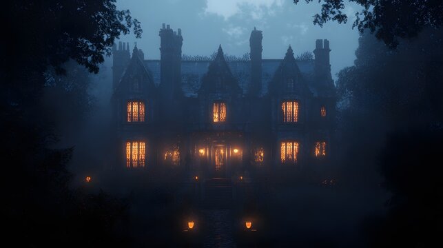A dark gothic mansion with glowing windows and detailed Halloween decorations illuminated by high contrast lighting in a misty setting