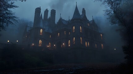 A dark mansion with intricate gothic architecture glowing windows and elaborate Halloween decorations shrouded in a misty atmosphere