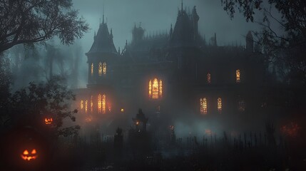 A dark mansion with intricate gothic architecture glowing windows and elaborate Halloween decorations creating a misty eerie atmosphere