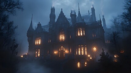 A dark mansion with intricate gothic architecture glowing windows and elaborate Halloween decorations creating a misty eerie atmosphere