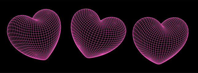 Set of 3D hearts made of wireframe on a dark background.