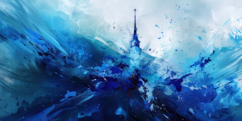 An abstract painting of a church steeple soaring towards the heavens, adorned with vibrant blues and whites.