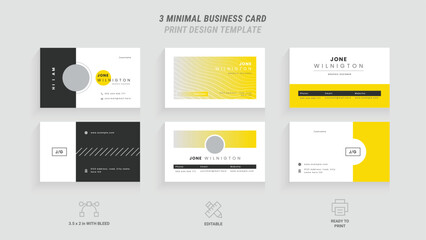 Modern and Minimal Business Card Layout, Yellow and Dark Black Design, Creative Template with Photo Placeholder, Trendy Abstract Corporate ID, Geometric Lines, Fashionable Stationary with Sample Text