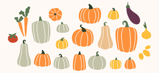 Fall harvest vector illustrations. Autumn farmers vegetables. Pumpkins, carrot, eggplant, potatoes, tomato, onion flat clipart