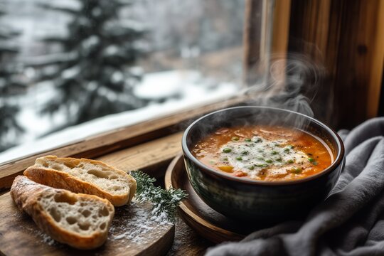 Warm, hearty vegetable soup served in a bowl by a frosty window with fresh bread on a wooden plate during winter