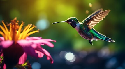 Fototapeta premium A dynamic shot featuring a hummingbird hovering near a feeder, showcasing vibrant colors and graceful flight in high-definition
