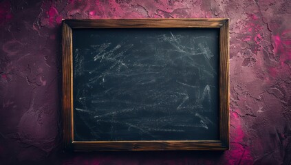 Top view of an empty blackboard with a wooden frame on a deep ruby background, perfect for school or education concepts Space for text and designs