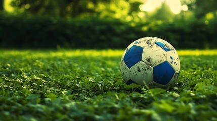 A deserted blue and white soccer ball lies on a lush green field, symbolizing abandoned sports and leisure activities. The vibrant colors of the ball stand out against the verdant surroundings