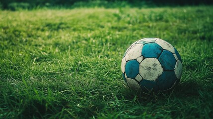 A deserted blue and white soccer ball lies on a lush green field, symbolizing abandoned sports and leisure activities. The vibrant colors of the ball stand out against the verdant surroundings