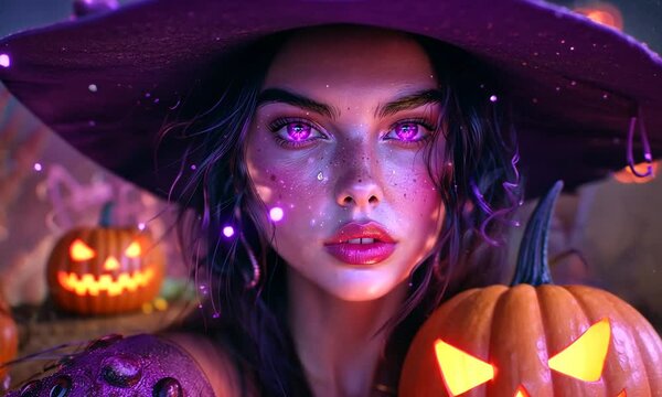 A striking witch with sparkling purple eyes stands surrounded by carved pumpkins, dressed in magical attire that shines under a bewitching twilight sky