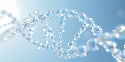 Close-up view of a translucent DNA strand against a blue background, molecular structures and connections, science-inspired banner