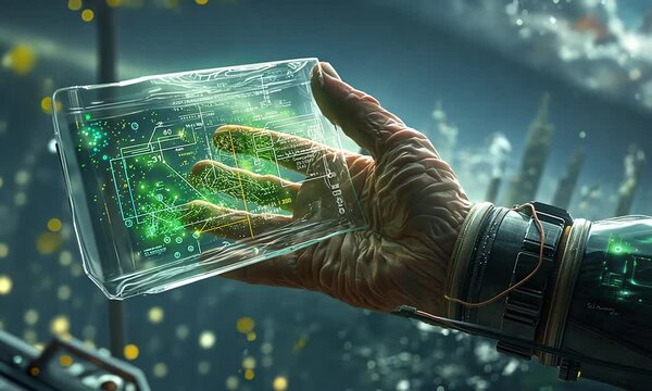 In a breathtaking cosmic landscape, a hand interacts with a glowing holographic interface, revealing data from far-off galaxies and advanced technologies