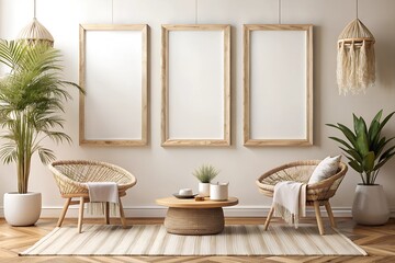 Mockup of three blank frames in a boho-style interior with wicker chairs and natural decor elements. Ideal for displaying posters, artwork, or photographs in a cozy, earthy setting.