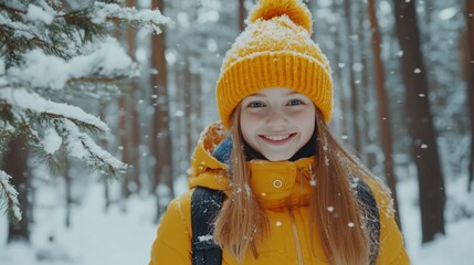 A smiling girl in a yellow winter coat and matching beanie enjoys the snowy forest on a bright winter day