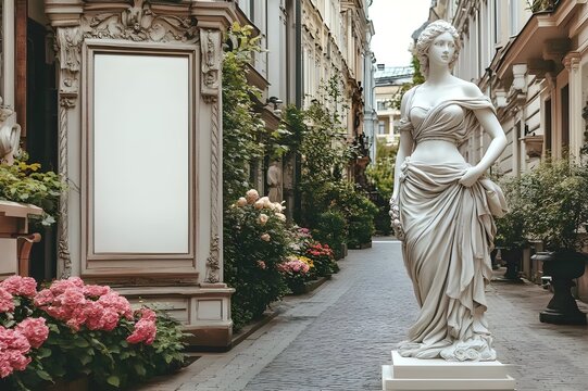 Mockup, announcements near flower arrangements. Invitation, banner, poster at a party, in a restaurant, at a wedding - Powered by Adobe