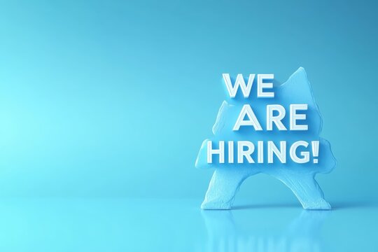 Blue background with inscribed text "WE ARE HIRING!" in 3D. Pastel blue background with title "WE ARE HIRING!"