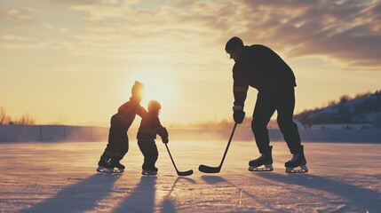 A father and his two children enjoy ice skating and playing hockey during sunset at a frozen outdoor rink