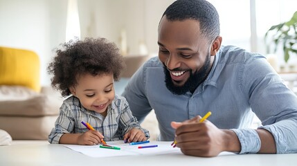 A joyful dad watches as his young child draws on a paper using pastel crayons, seated together at a white table at home, celebrating Father's Day. 