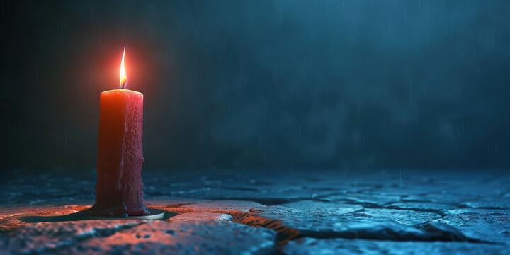 A lone candle flickering in the darkness, casting soft shadows on the stone floor, set against an indigo backdrop, creating a calm and contemplative atmosphere.