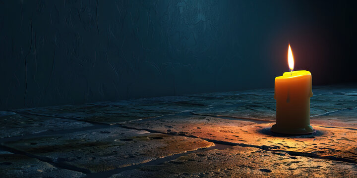 A lone candle flickering in the darkness, casting soft shadows on the stone floor, set against an indigo backdrop, creating a calm and contemplative atmosphere.