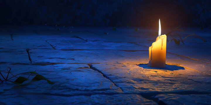 A lone candle flickering in the darkness, casting soft shadows on the stone floor, set against an indigo backdrop, creating a calm and contemplative atmosphere.