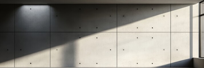 Natural light streams through a window, highlighting the texture and pattern of the concrete wall in a modern space