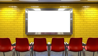 Row of red chairs in the hall and blank billboard mockup on the wall.