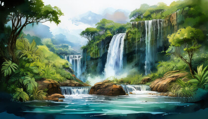 Majestic waterfall and green jungles. Watercolor painting. Beautiful landscape sketch. Hand drawn