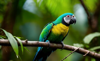 A cute parrot with bright yellow and green plumage sits on a tree branch in the tropical forest