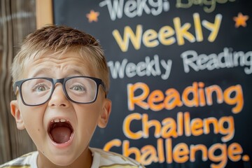 Young boy with glasses, open mouth in excitement, in front of a chalkboard promoting Weekly Reading Challenge