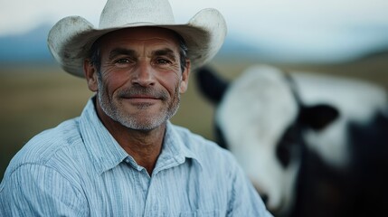 A man in a white hat with a striped shirt smiles warmly in front of a cow, with the rural landscape stretching behind them, under a calm and serene sky.