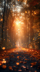 Warm glow Fall Autumn forest woods with path