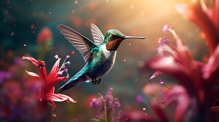 Fototapeta premium A mesmerizing image capturing a hummingbird in mid-flight, delicately feeding on nectar from a vibrant flower, presented in stunning