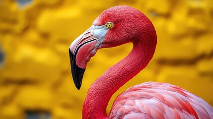 Flamingo in sharp profile, vivid pink against a bright yellow background, striking contrast