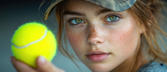 Focused girl holding a tennis ball, ready to serve