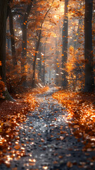 Warm glow Fall Autumn forest woods with path