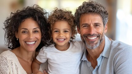 A happy family with curly hair, including a mother, father, and child, smiling and posing together in a cozy setting, radiating warmth and affection.