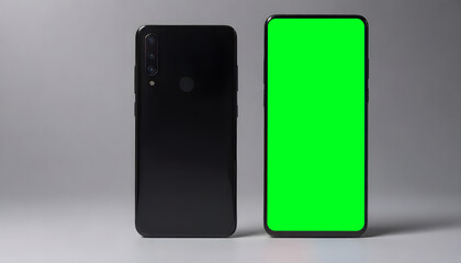 Hand holding black mobile phone with blank green screen