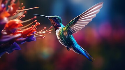 Fototapeta premium A stunning close-up of a hummingbird in mid-flight, showcasing vibrant feathers and delicate details, presented in breathtaking