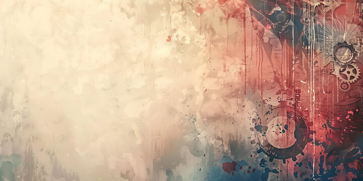 Abstract grunge background with steampunk elements, rusty gears, cogs and paint splatters on a textured background. Generated with AI.