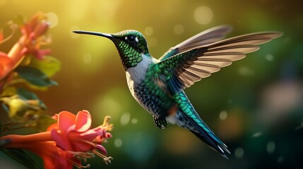 Naklejka premium A stunning close-up of a hummingbird in mid-flight, showcasing vibrant feathers and delicate details, presented in breathtaking