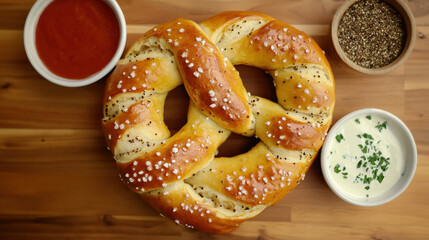 A homemade jumbo pretzel with spices and dipping sauces. - Powered by Adobe