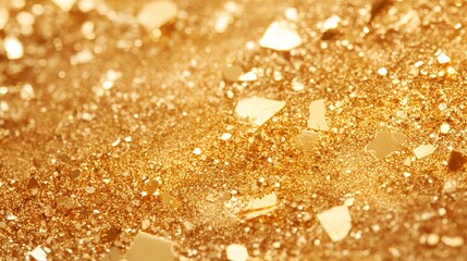 Close-up of shimmering gold particles and flakes creating a luxurious texture.