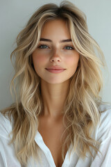 Naklejka premium Radiant blonde woman smiling confidently, hair gently tousled, clean white background