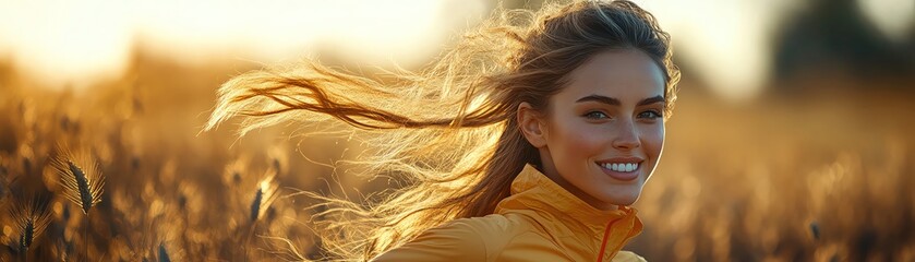 Fototapeta premium Smiling woman jogging through a sunlit field, her hair flowing, golden hour glow